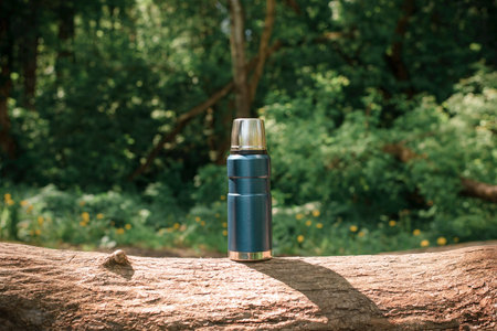 Traveling blue flask on a log in the forest. Outdoor camping reusable flask. Concept of hiking,...