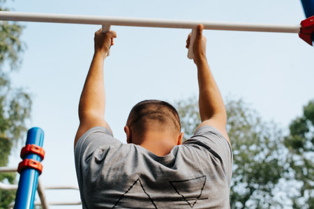 Athletic shaved man pulling himself up on horizontal bar, back view. Male sportsman training on...