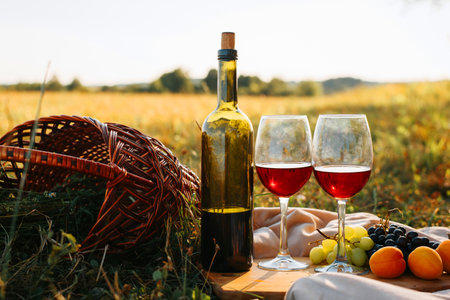 Picnic, romantic evening in nature concept. Bottle of red wine, glasses with drink, grapes, peaches on wooden board, wicker picnic basket on sunset backgroundの写真素材
