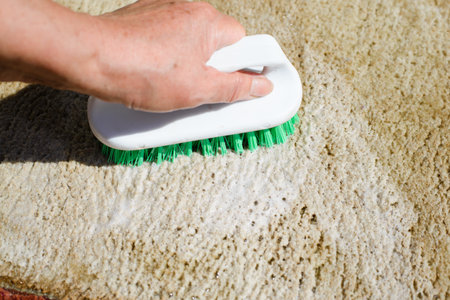 Close-up of caucasian housewife's hand washes wet rug, cleaning carpet with brush and detergent...