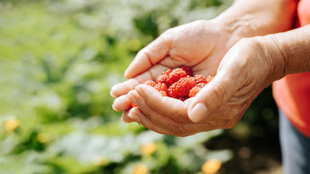 Gardening, harvesting concept. Female wrinkled hands of farmer holding ripe red berries in garden on...