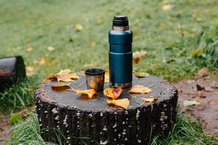 Flask and mug of hot drink standing on stump covered with fallen leaves, outdoors. Rainy autumn weather, steam rises from mug with drink. Concept camping, hiking, nature trip in cold weather.の写真素材