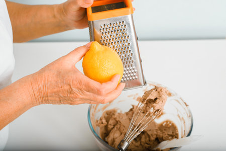 Side view of an elderly woman's hand rubbing lemon peel into cup of cream pie filling, inside room....