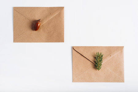 Two closed craft envelopes, an acorn, sprig of pine on white background, flat lay. Top view of festive letters or invitations. Autumn and winter concept.の写真素材