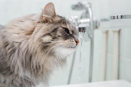 Side view of furry gray cat drinking water from tap in bathroom. Close-up of fluffy cat sniffing water with pink nose in bowl. Funny pet, animal theme.の写真素材