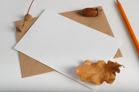 Autumn mockup greeting card, hello october. Postcard layout with blank space for invitation text, craft envelope, pencil and fallen yellow oak leaves on white table, close-up.の写真素材
