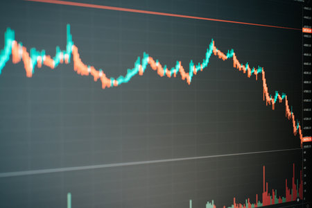 Close-up of falling stock exchange chart, trading view, technical candlestick price analysis on...