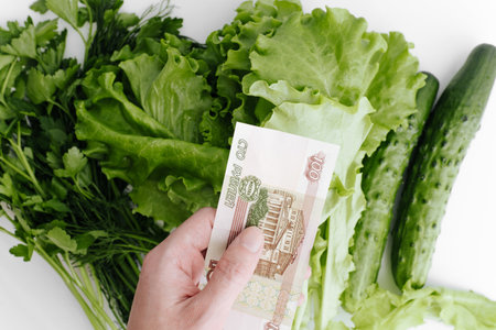 Price for eco vegetables, buying healthy organic food, shopping concept. Human hand holding money...
