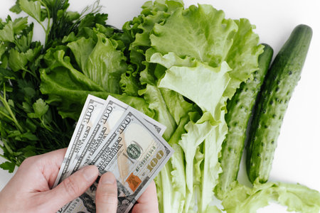 Top view hands holding money counting hundred dollar bills and lettuce leaves, cucumbers on white...