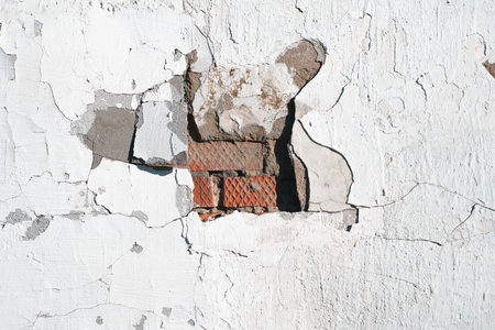 Destroyed stucco brick wall in middle, uneven textured gray surface with cracks and scuffs.