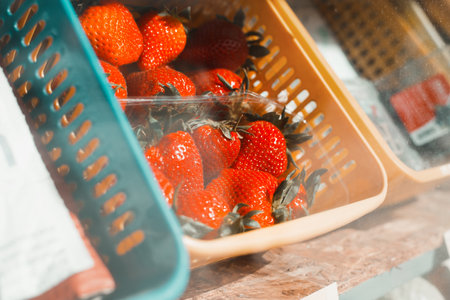 Sale of ripe fruits, red juicy strawberries on a showcase behind glass. Close-up, side view,...