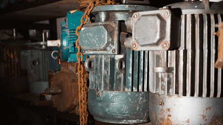 Close-up of electric motors on shelf in garage, selective focus. Industrial electrical equipment, technologies.の写真素材