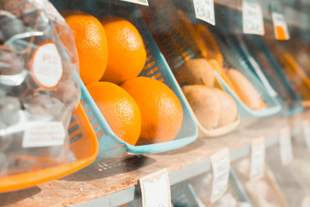 Sale of ripe fruits, oranges on a showcase behind glass. Close-up, side view, selective focus.の写真素材