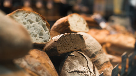 Close-up of baked fresh white and rye bread on shop window, selective soft focus.の写真素材