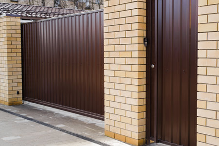 Side view of sliding gate and door with intercom from brown metal profile and block poles. Entrance...