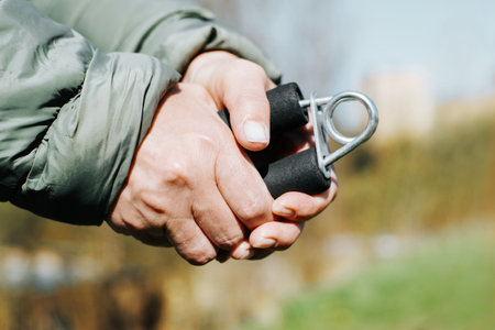 Woman exercising her hands with spring expander, outdoors. Close-up of woman's hand strongly squeezing carpal trainer.の写真素材