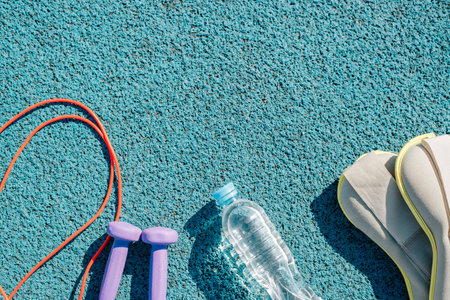 Sports equipment for training, copy space. Top view jump rope, dumbbells, bottle of water, weights on rubber surface of an outdoor sports field.の写真素材