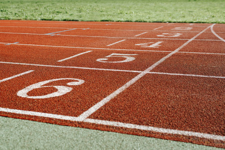 Outdoor stadium. Close-up of running track with numbers and green lawn on sunny day. Sport and...