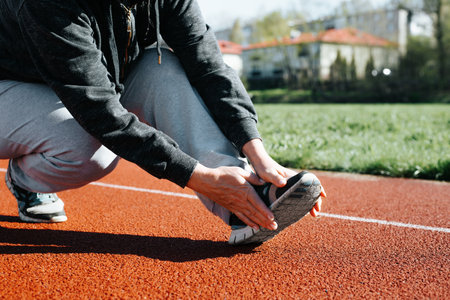 Foot injury during outdoor sports. Close-up of female athlete suffering from pain in her leg, runner holding her foot while sitting in stadium.の写真素材