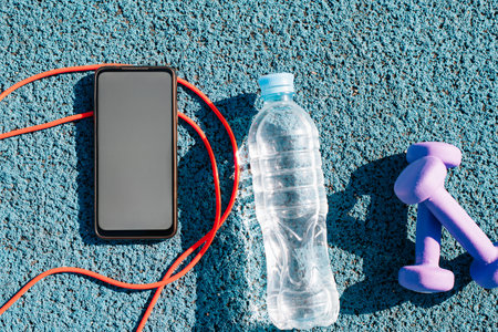 Sports and technology concept. Mobile phone mockup and sports equipment for outdoor workout. Top view smartphone with blank space for advertising, jump rope, dumbbells and bottle of water.の写真素材