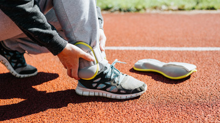 Woman using fitness leg weights while exercising on treadmill in stadium, outdoors. Sports equipment for training and weight loss. Close-up, side view.の写真素材