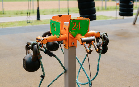 Set of kettlebells for weightlifting training on sports ground in park, outdoors. Workout and...