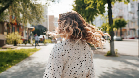 Stylish woman with curly hairstyle is spinning on city street, back view. Unrecognizable free...