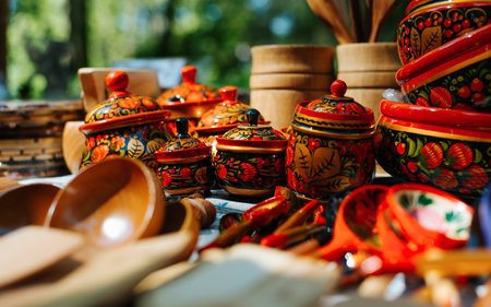 Ancient simple wooden kitchen utensils decorated with a bright Russian folk pattern Khokhloma. Close-up, selective focusの写真素材