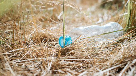 Blue plastic bottle on dry yellow grass, discarded garbage in nature. Environmental pollution concept. Close-up, low angle looking, selective focus.の写真素材