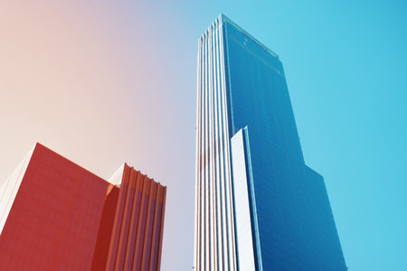 Skyscrapers, modern high-rise buildings. Toned image, low view angle.の写真素材