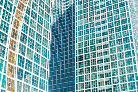 Modern residential complex, multi-apartment skyscrapers close-up. Exterior of buildings, low angle view.の写真素材
