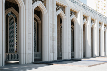 Oriental architecture, decorated arches side view. Exterior of the mosque, close-up.の写真素材
