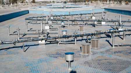 Empty fountain, steel pipes and special equipment for water supply and fountain operation.の写真素材