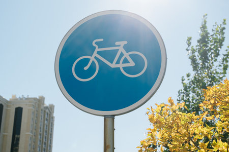 Road round sign Bicycle path or lane for cyclists on a sunny day outdoors, close-up.の写真素材