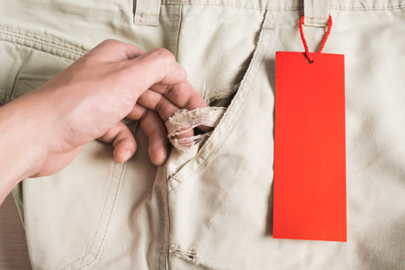 Retail tag mockup with blank space for promotional text or price hanging on damaged clothes,...