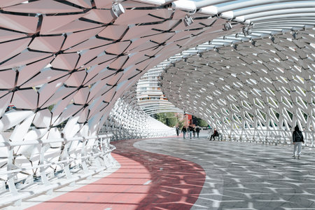Atyrau bridge with roof interior. Modern futuristic geometric architecture inside. Astana,...