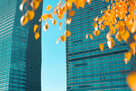Close-up of skyscrapers, office buildings on an autumn day.の写真素材