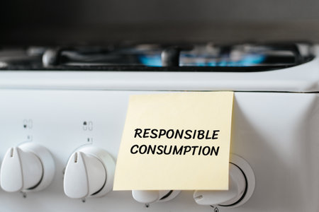 Concept energy crisis, saving household resources. Text message Responsible Consumption on...