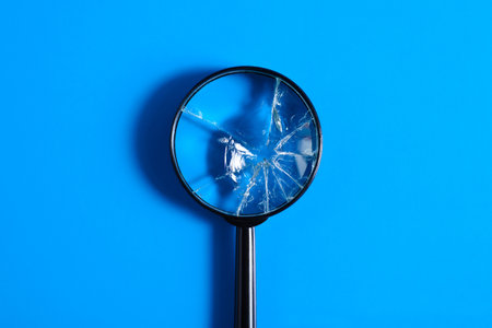 Broken magnifying glass with cracks on blue background, top view.の写真素材