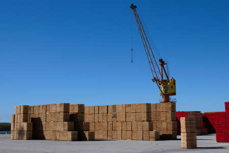 Imported lumber on a dock with a crane next to itの写真素材