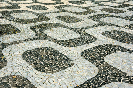 Black and white iconic mosaic, Portuguese pavement by old design pattern at Ipanema beach, Rio de Janeiro, Brazilの写真素材