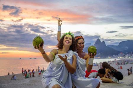 RIO DE JANEIRO, BRAZIL - FEBRUARY 27, 2017: Two women in the costumes of Greek Goddesses wearing...
