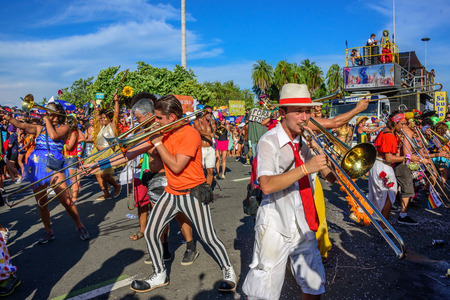 RIO DE JANEIRO, BRAZIL - FEBRUARY 28, 2017: Group of costume musicians playing trombones on the...