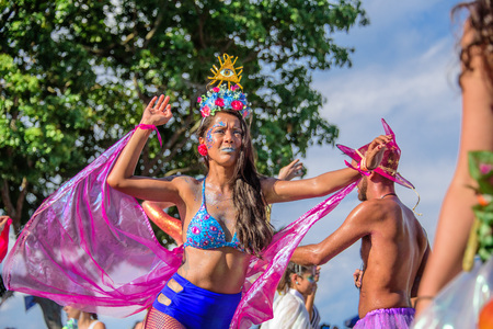 RIO DE JANEIRO, BRAZIL - FEBRUARY 28, 2017: Beautiful woman in bikini with crown of flowers and...