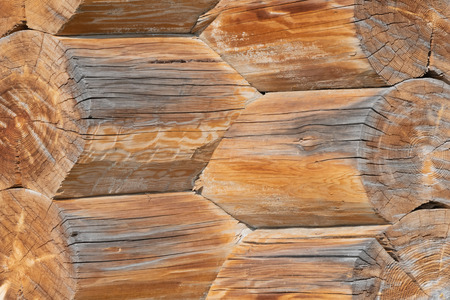 Closeup of joint of cracked logs and transect of round logs with coils and cracks at the corner of old wooden building at sunny dayの写真素材