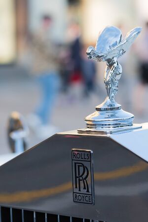 MOSCOW, RUSSIA - MAY 19, 2019: Closeup of the Spirit of Ecstasy, the bonnet ornament sculpture on Rolls-Royce car and Rolls-Royce badge at the Festival Retro-Fest in Sokolniki parkのeditorial素材