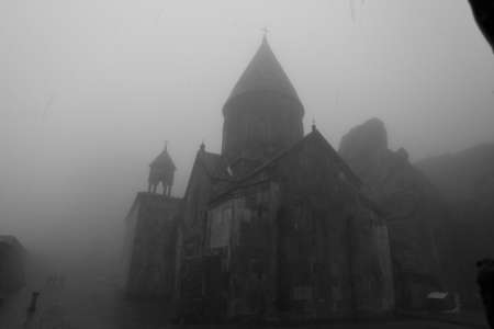 Church of St. John the Baptist in the fog. Monochromeの写真素材