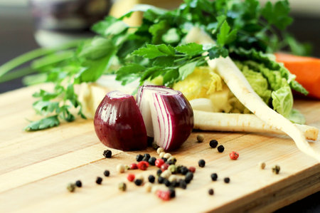 Fresh vegetables and herbs on wooden cutting board, closeup. healthy foodの写真素材