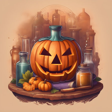 Halloween pumpkins and bottles with potion on wooden board, vector illustrationの素材