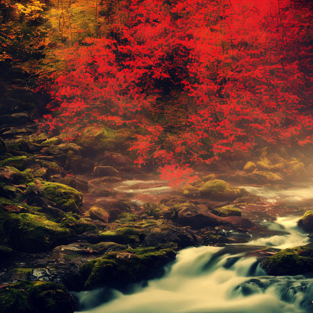 Autumn landscape with colorful forest and river. Photo in old image style.の素材